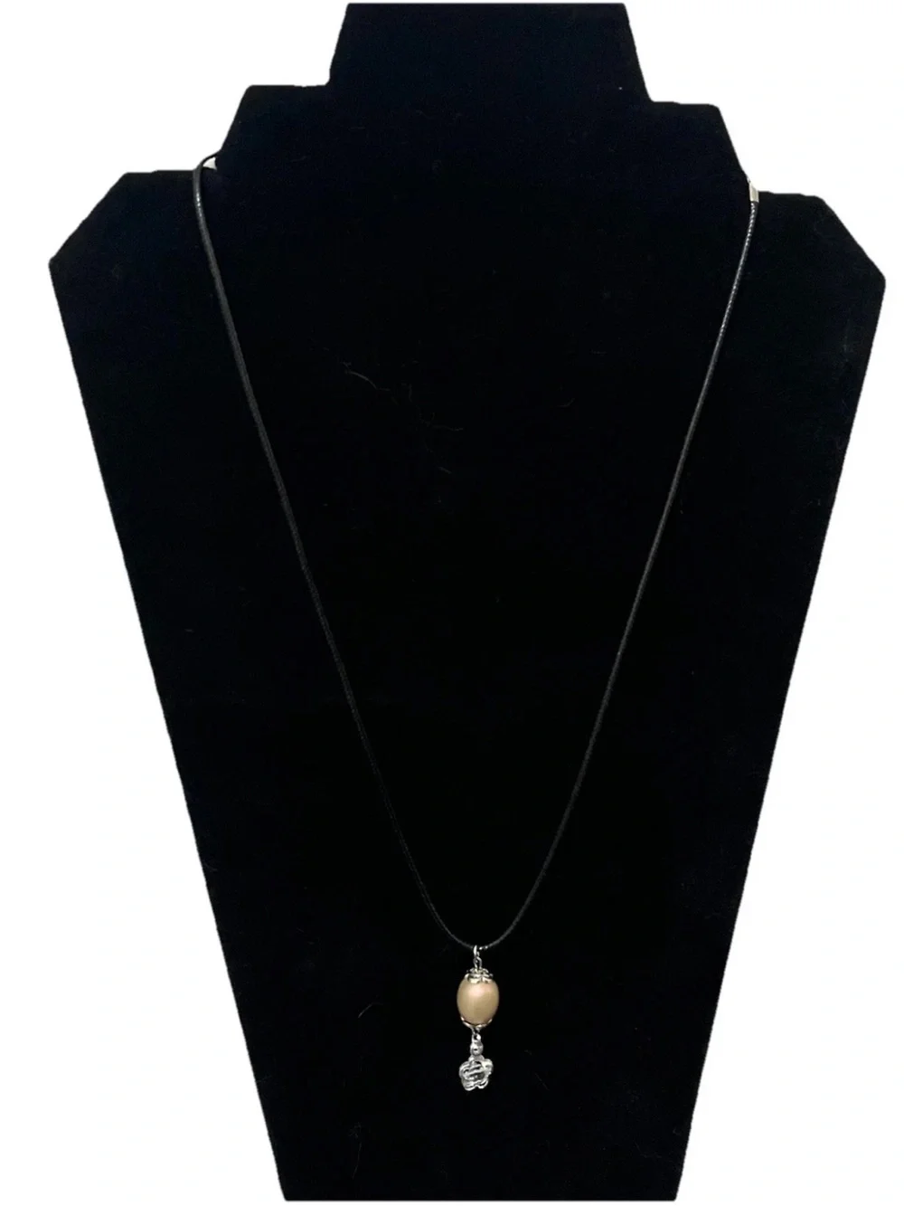 Handmade Silver Flower Oval Bead Pendant Necklace Black Leather Cord Statement